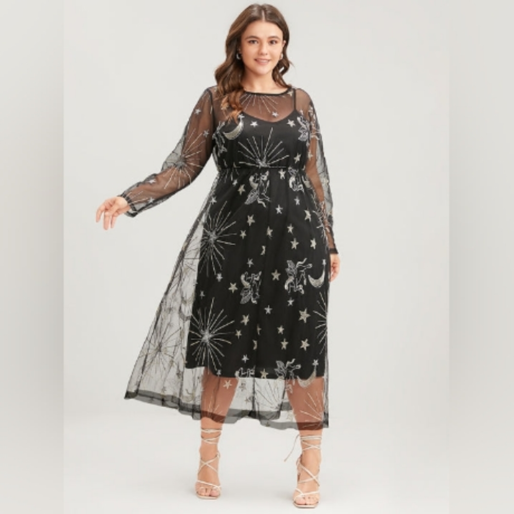 BLOOMCHIC • Star Moon Metallic Gold Silver Black Mesh Long Sleeve Midi Dress XL